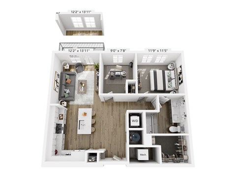 Floor plan for 1 bed, 1 bath, 879 sqft